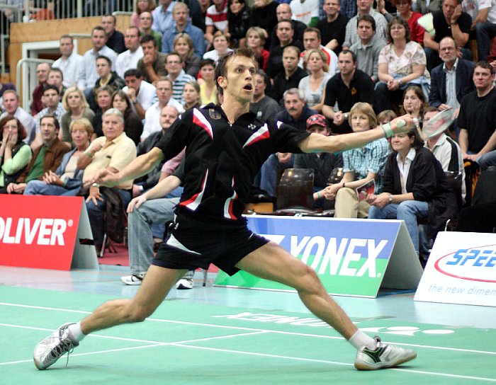 Marc Zwiebler beim Badminton-Länderspiel Deutschland - England in Heilbronn, Foto: Frank Kossiski